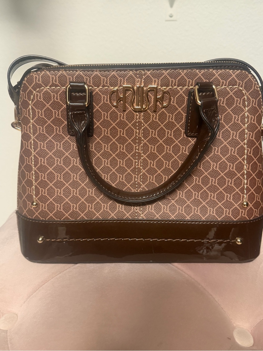 River Island Brown Patterned Satchel with Patent Trim
